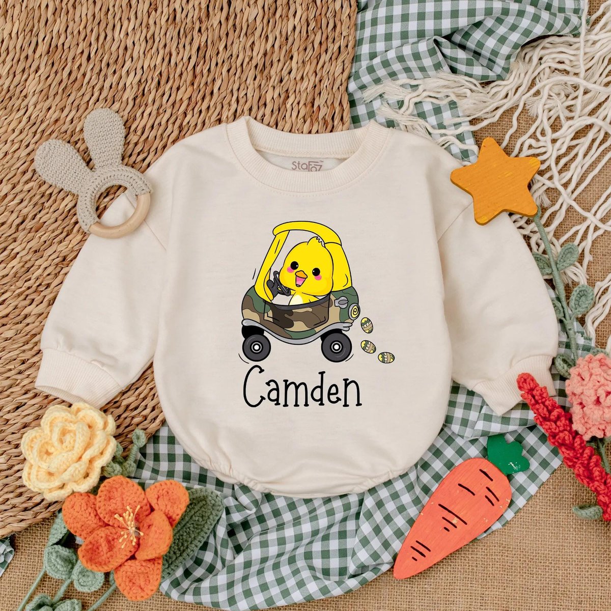 Personalized Easter Chick Baby Romper Camo Car Bodysuit My First Easter Outfit Baby Boy Clothes Swea 187