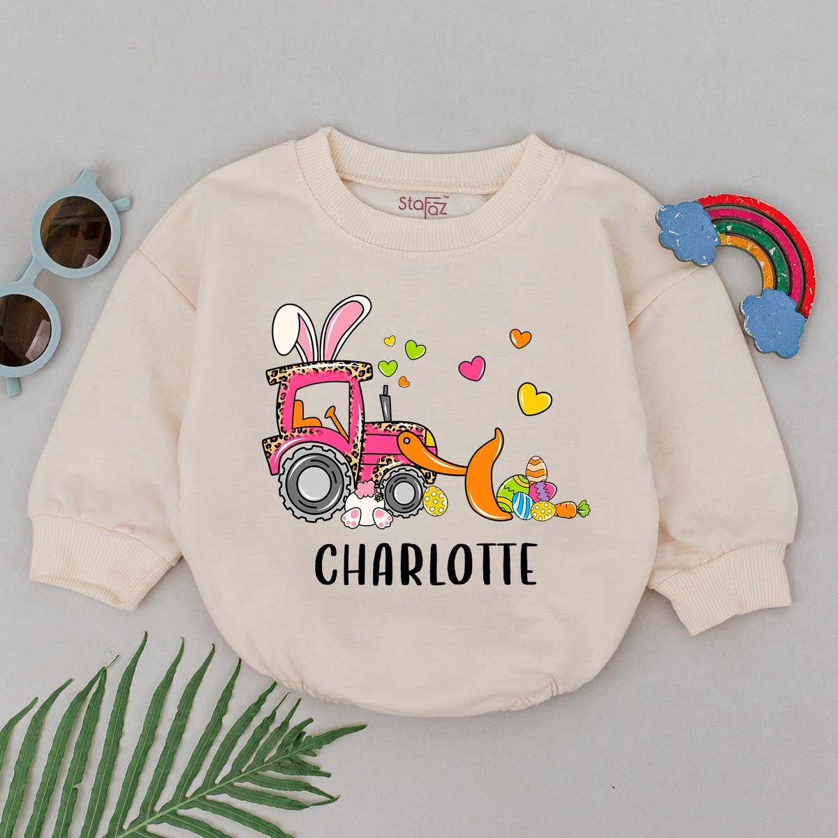 Personalized Eggs-Cavator Easter Romper Little Bunny Bodysuit Retro Easter Day Outfit Bunny Ears Bab