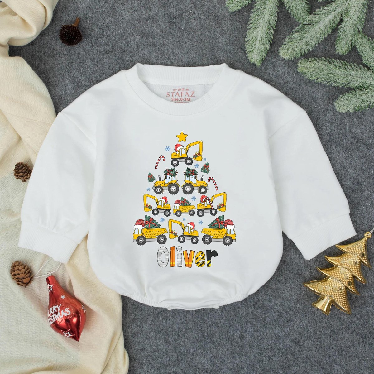 Personalized Excavator Boy Bubble Romper Boys Christmas Bodysuit Baby Boy Christmas Outfit Winter Ba 436