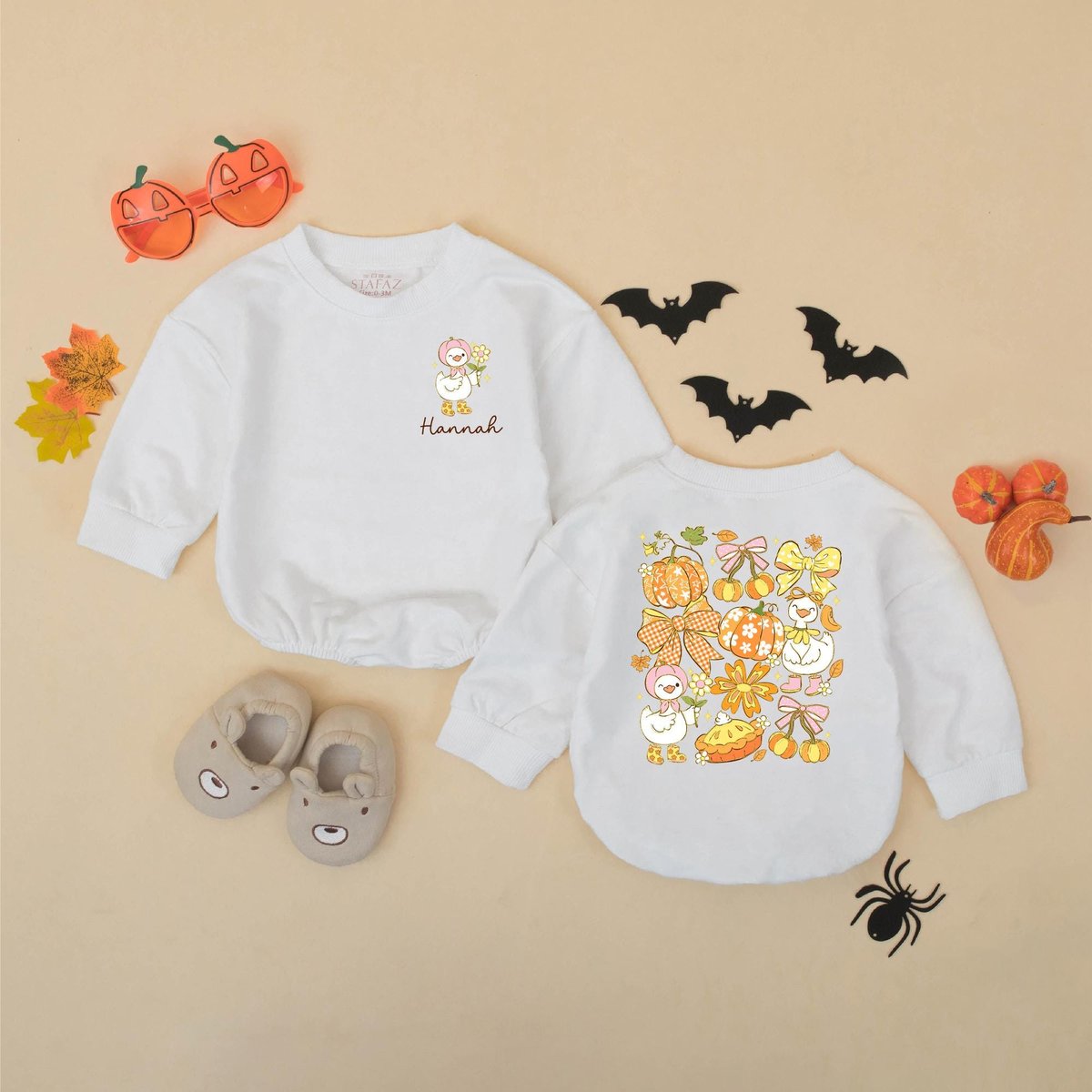 Personalized Fall Goose Baby Romper Girly Pumpkin Autumn Baby Bodysuit Custom Name Autumn Outfit for 432