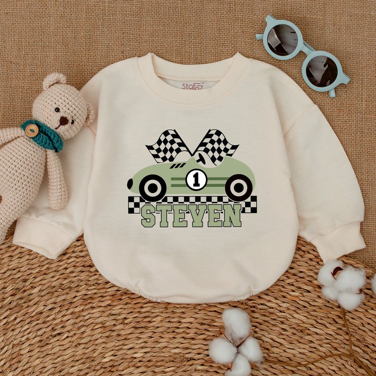 Personalized Fast One 1st Birthday Romper Checkered Flag Birthday Bodysuit Race Car Outfit Romper fo 171