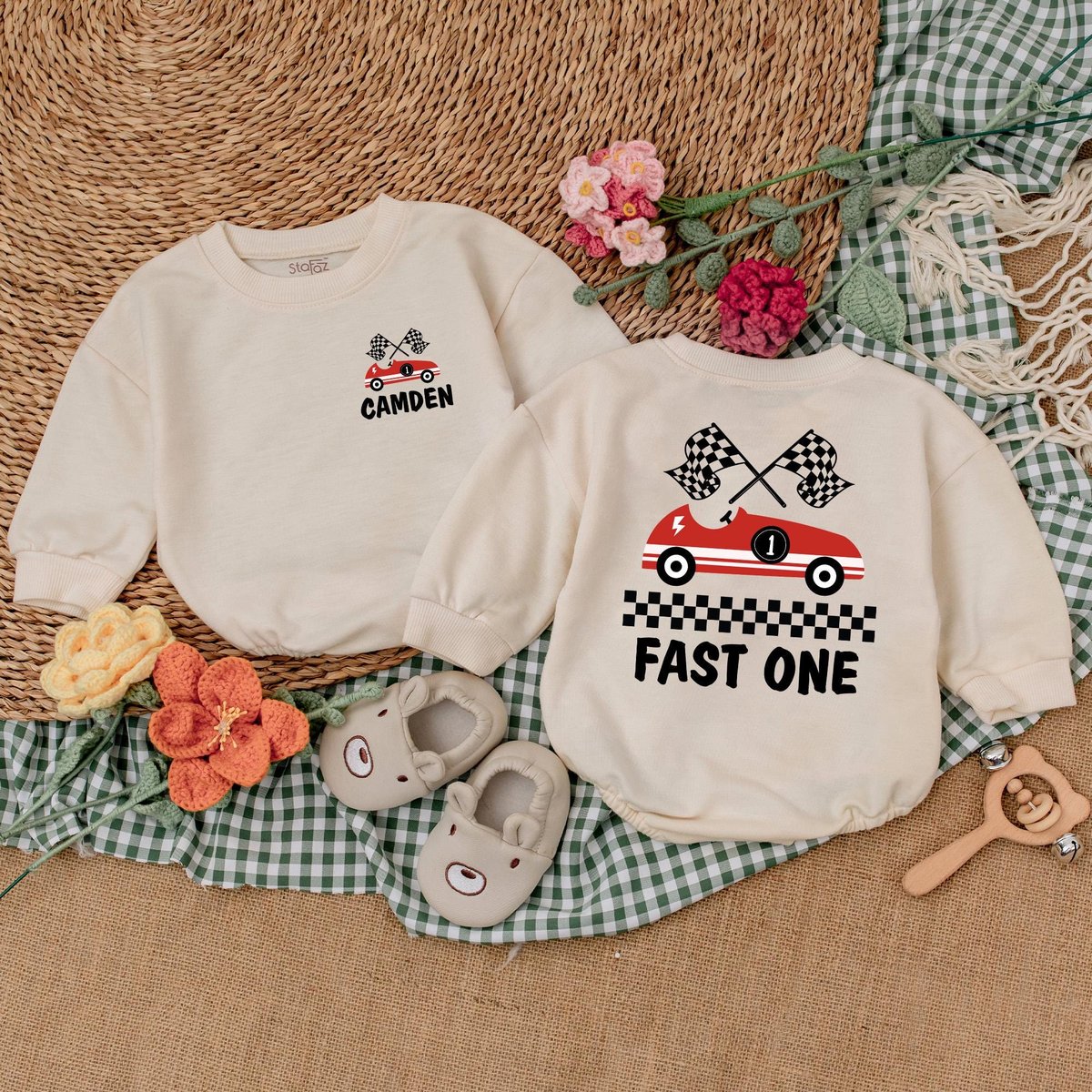 Personalized Fast One Birthday Romper Racecar Birthday Bodysuit Boys First Birthday Outfit Race Car 185