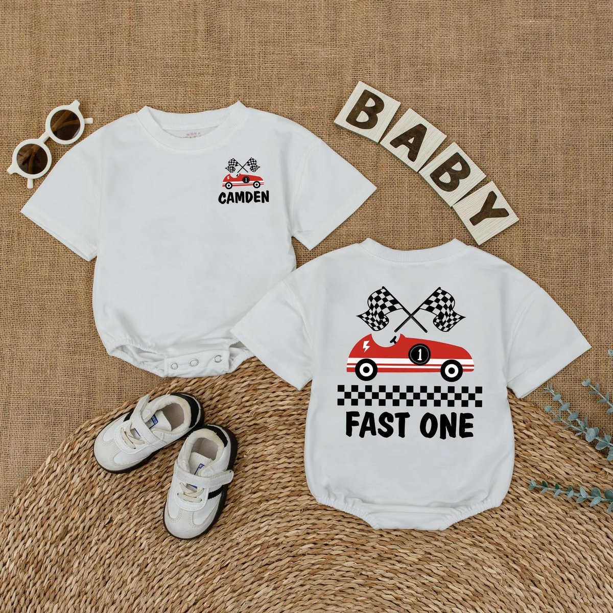 Personalized Fast One Birthday Romper for Baby Boy Race Car 1st Birthday Outfit Custom Name First Bi 433