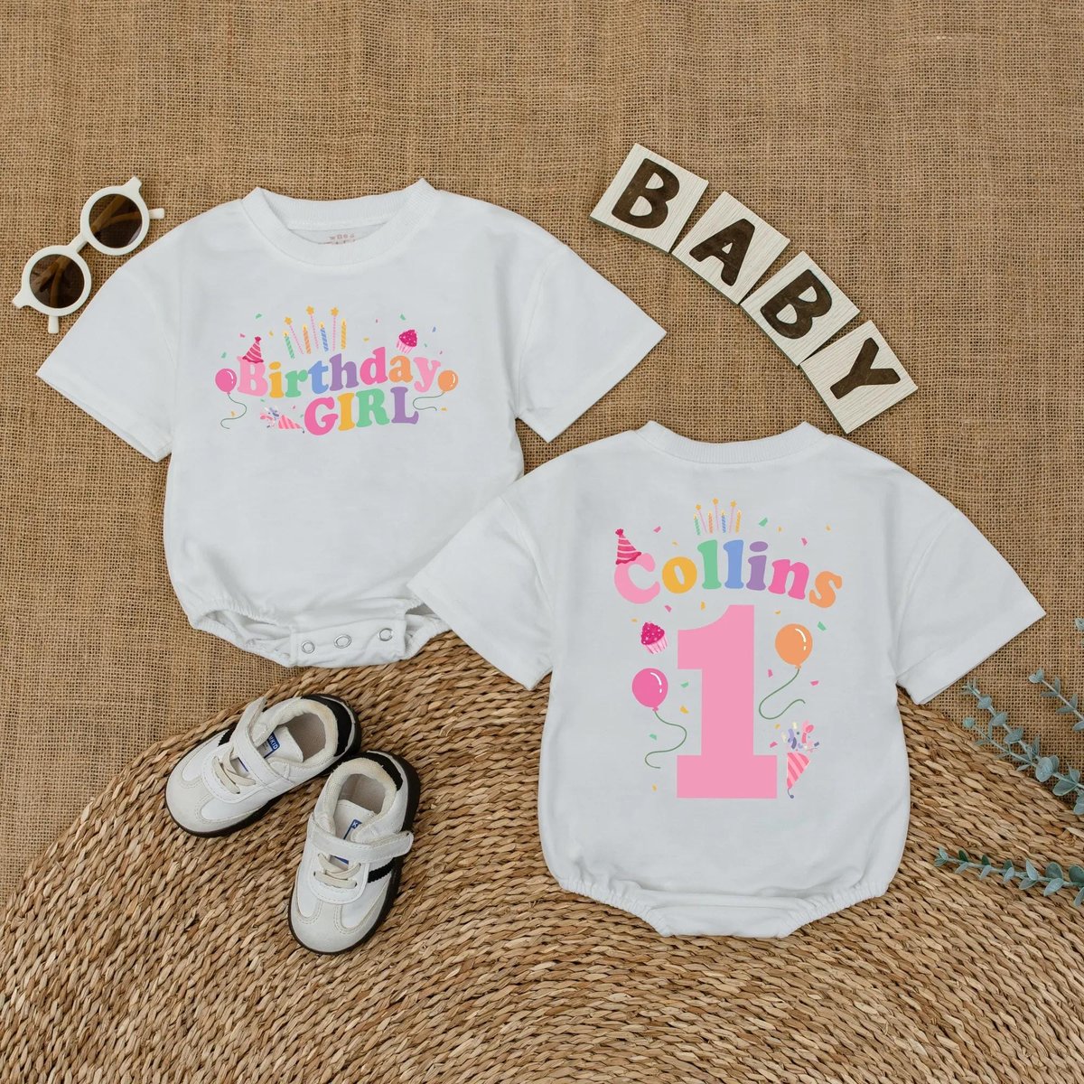 Personalized First Birthday Girl Romper Baby Girl 1st Birthday Bodysuit Balloon Birthday Outfit Bubb 433