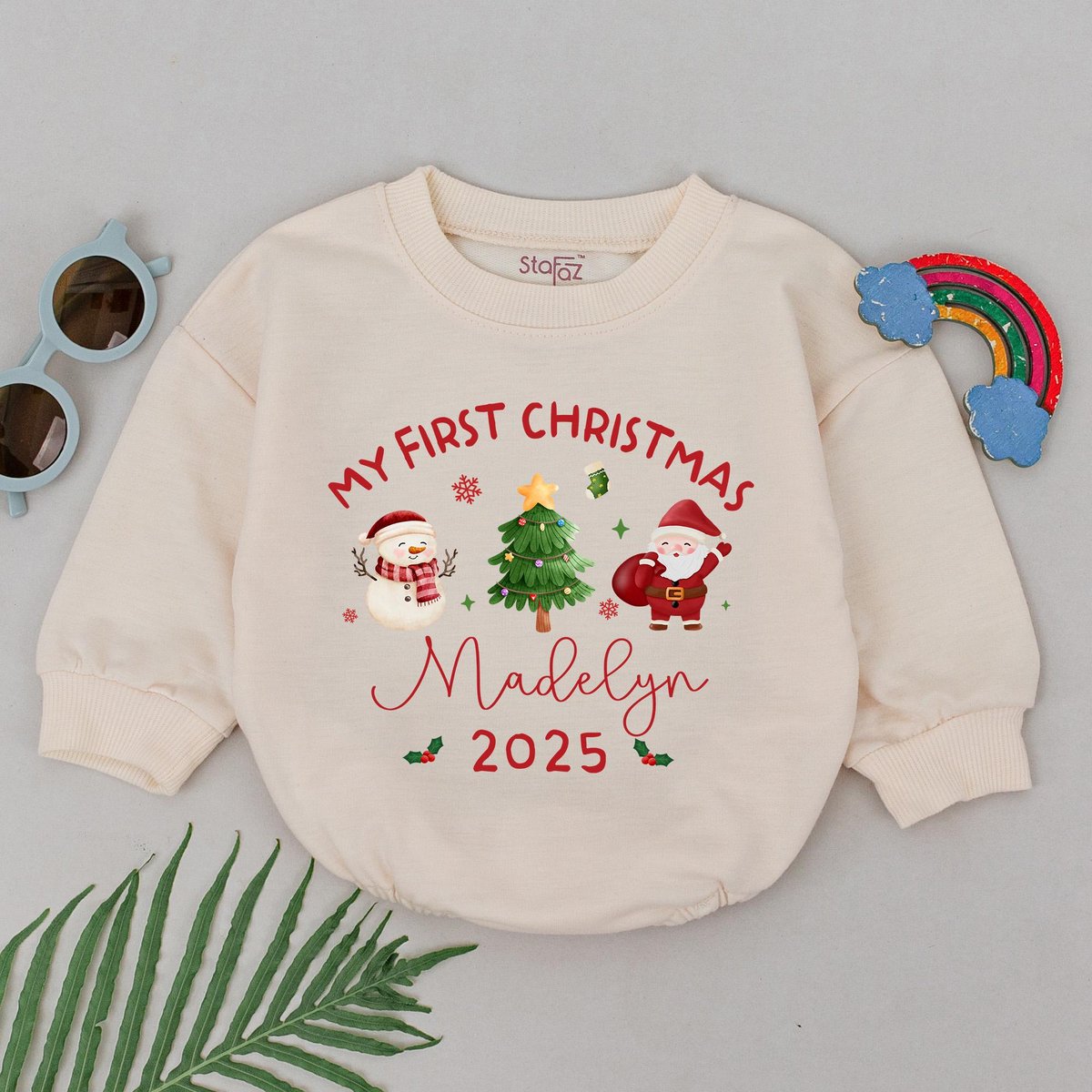 Personalized First Christmas Romper Custom Name 1st Christmas Bodysuit Winter Baby Outfit Xmas Baby