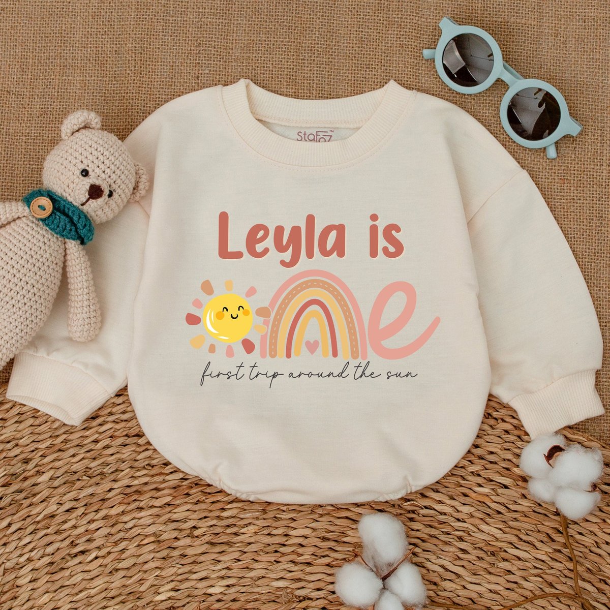 Personalized First Trip Around The Sun Romper Boho Sun Birthday Bodysuit Sunshine Birthday Outfit Sm 168