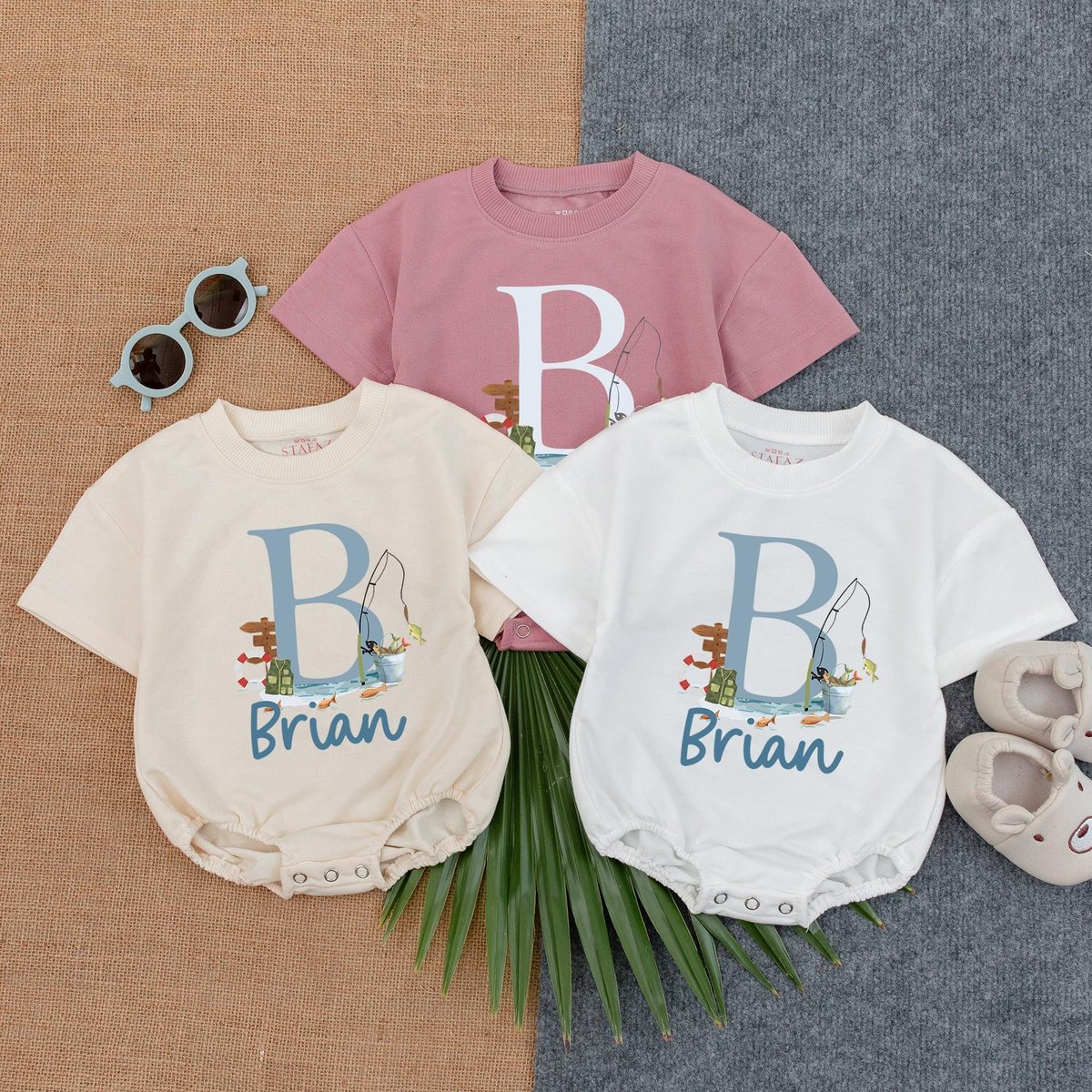 Personalized Fishing T shirt Bubble Romper Monogram Watercolor Baby Boy Outfit Little Fisherman Summ 429