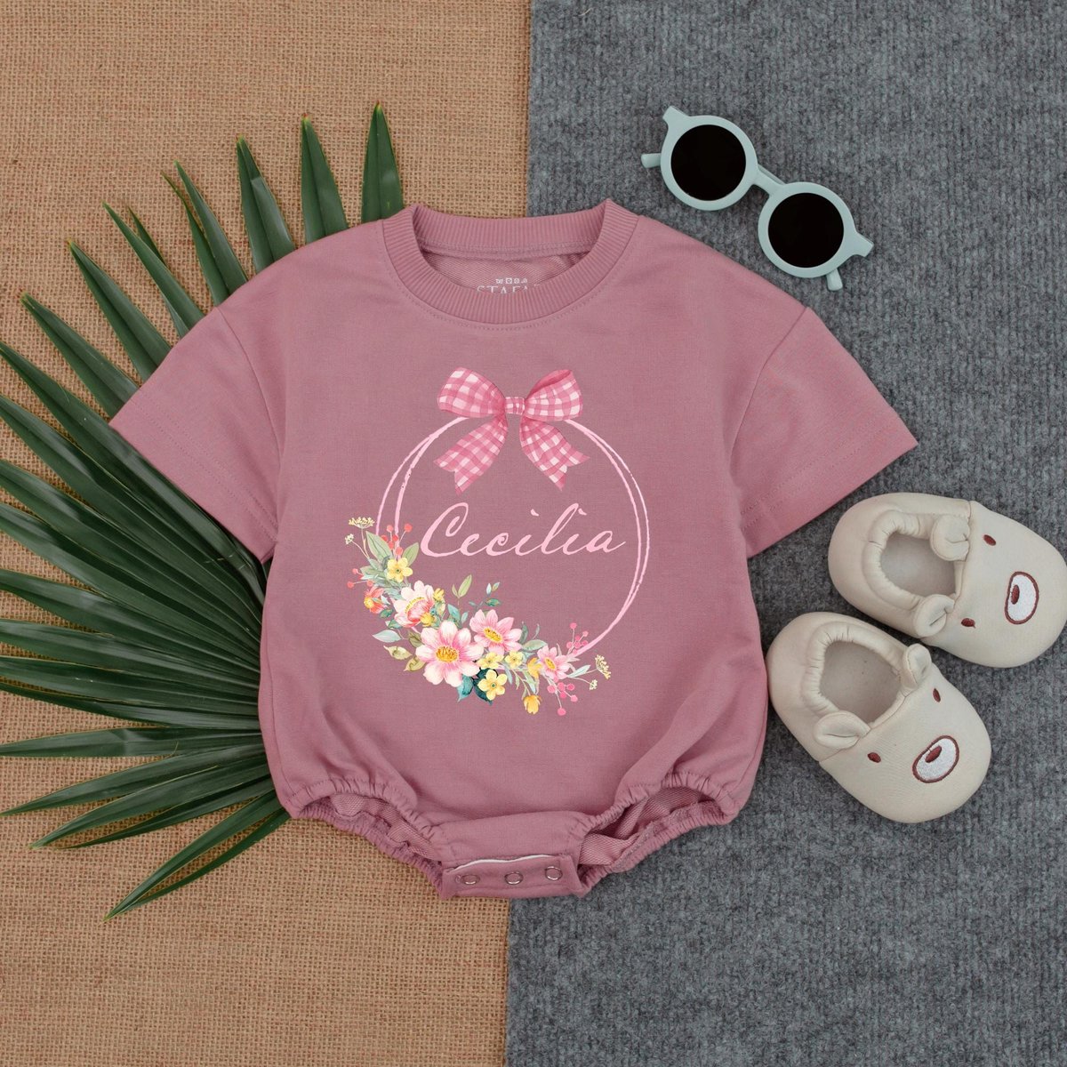 Personalized Floral Baby Girl Romper Custom Infant Bubble Outfit with Flower Frame Baby Shower Gift 434