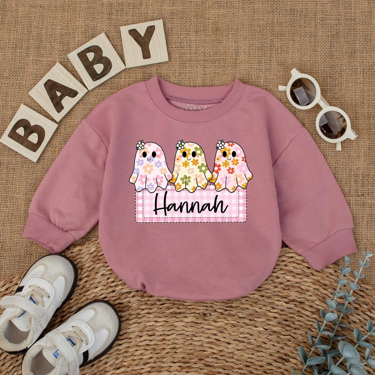 Personalized Flower Ghost Baby Romper Cute Boo Halloween Baby Girl Outfit Custom Name Fall Bodysuit 432