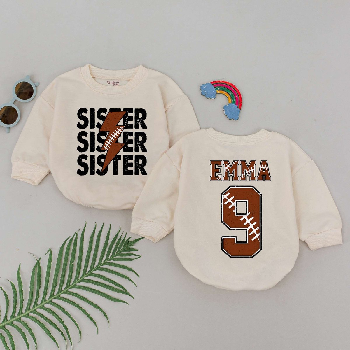 Personalized Football Sister Romper Fall Baby Clothes Football Season Bubble Baby Romper Baby Girl F