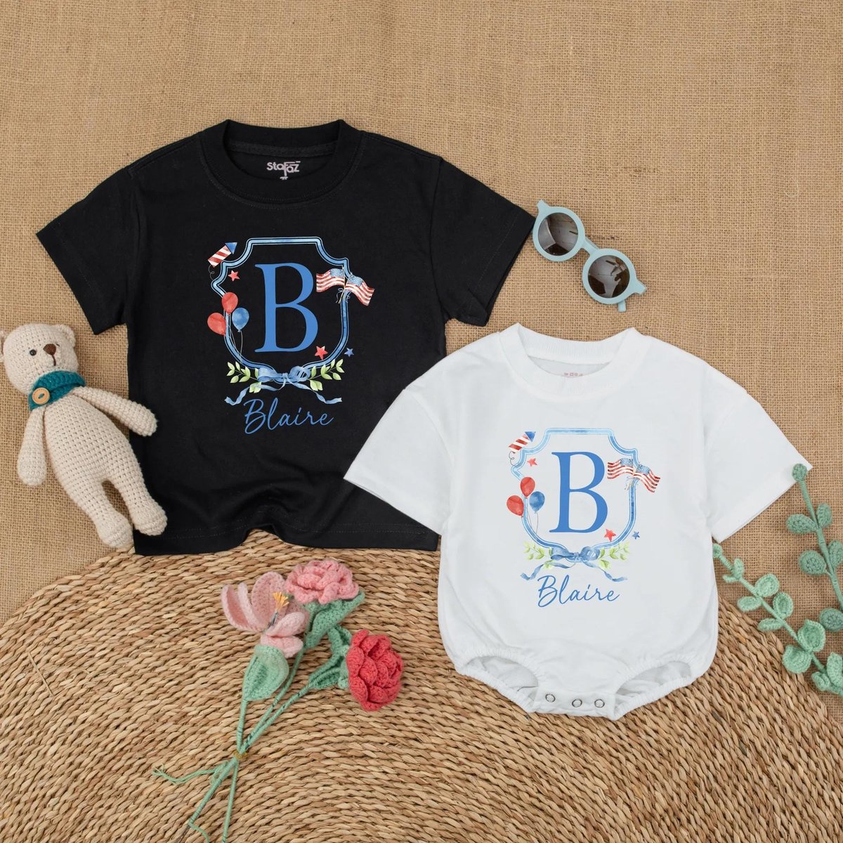 Personalized Fourth of July Baby Romper Custom Name Patriotic Toddler Shirt Red White Blue Independe 429