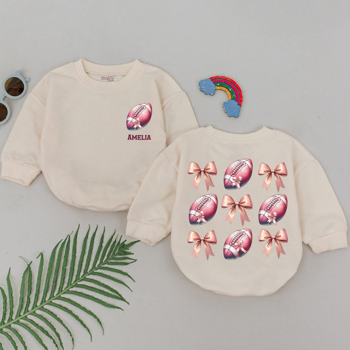 Personalized Game Day Football Romper Retro Football Bow Outfit Gameday Season Natural Bubble Baby R