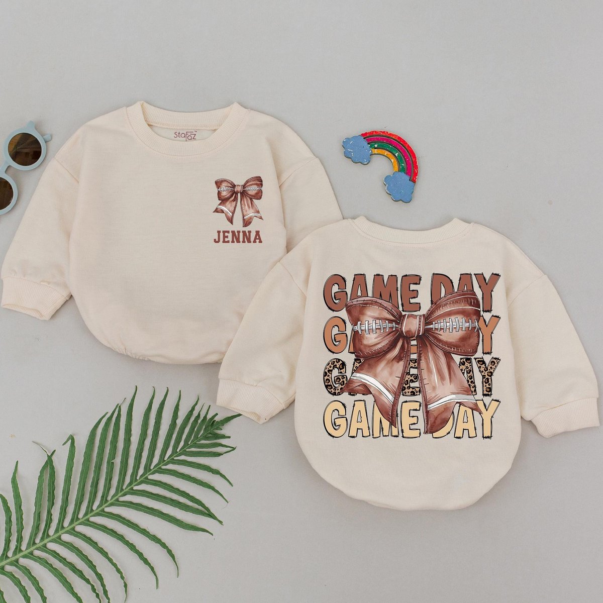 Personalized Game Day Football Romper Retro Football Bow Outfit Gameday Season Natural Bubble Baby R