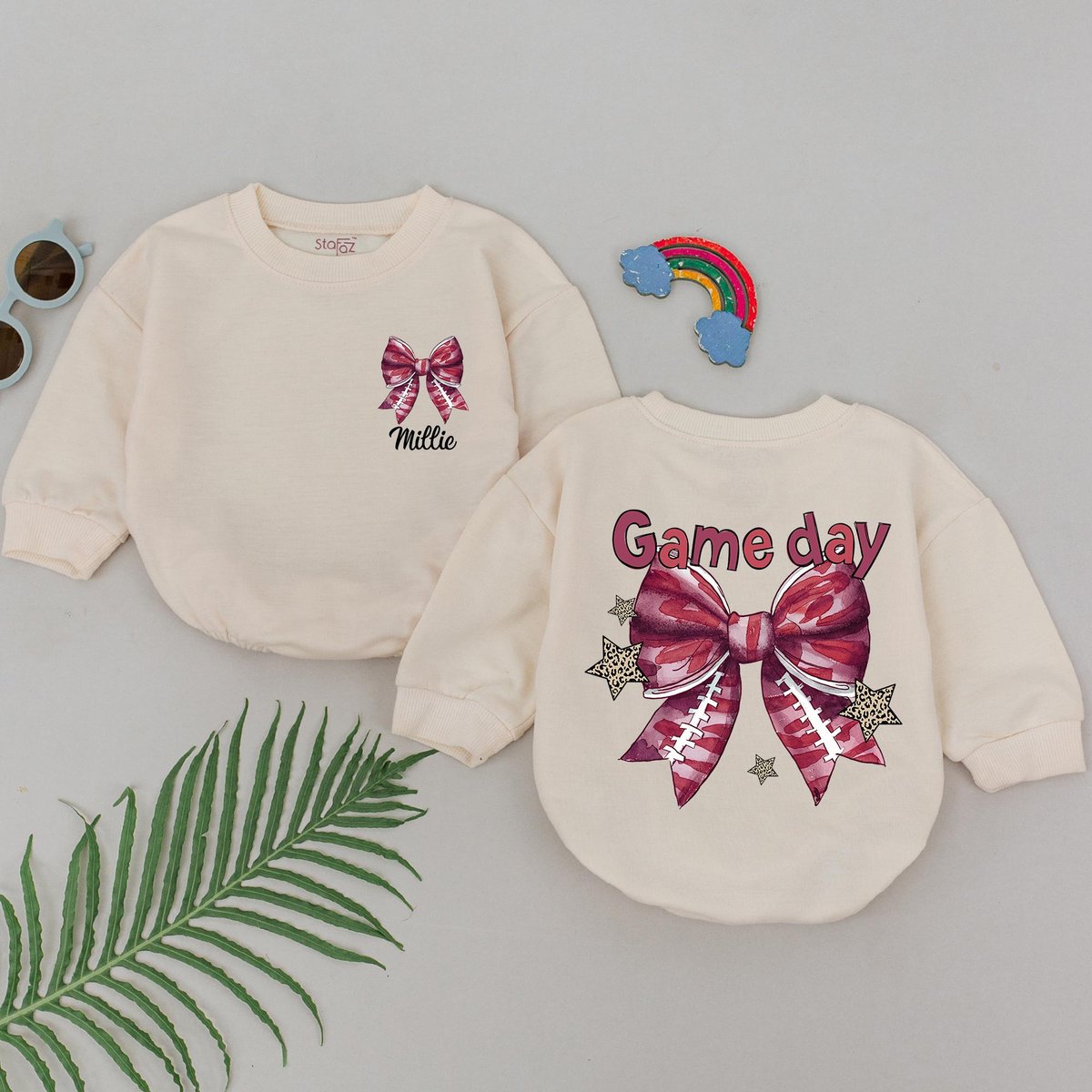 Personalized Game Day Football Romper Gameday Season Retro Football Bow Outfit Natural Bubble Baby R