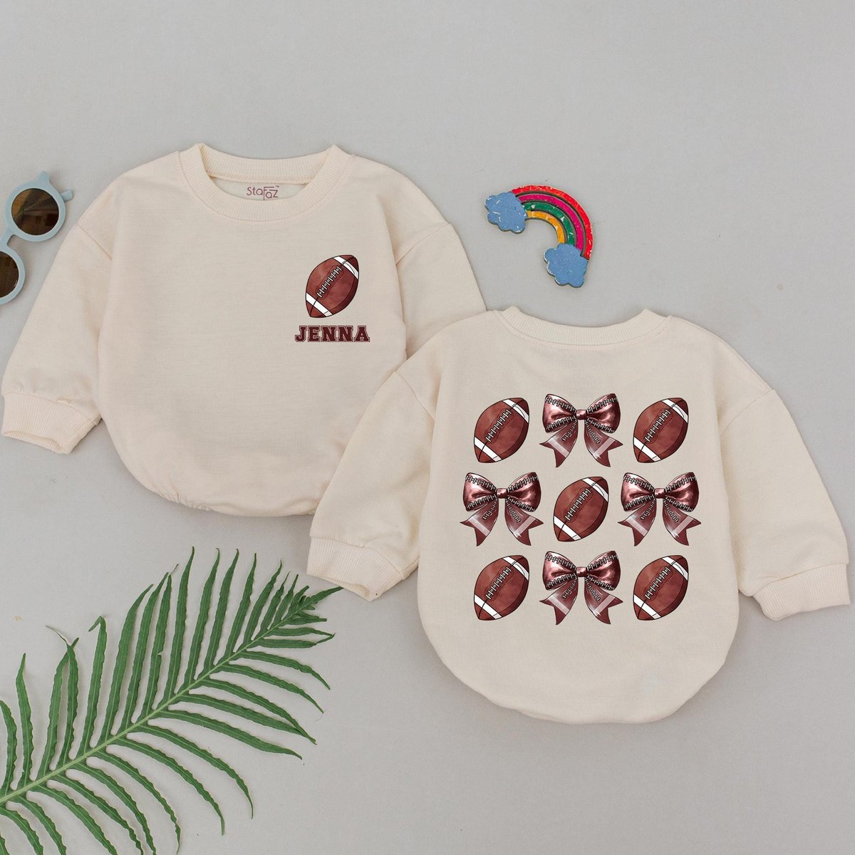 Personalized Game Day Football Romper Gameday Season Retro Football Bow Outfit Natural Bubble Baby R