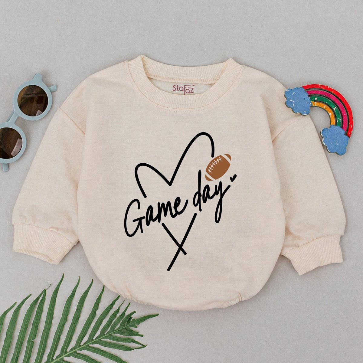 Personalized Game Day Football Romper Retro Football Outfit Gameday Season Natural Bubble Baby Rompe