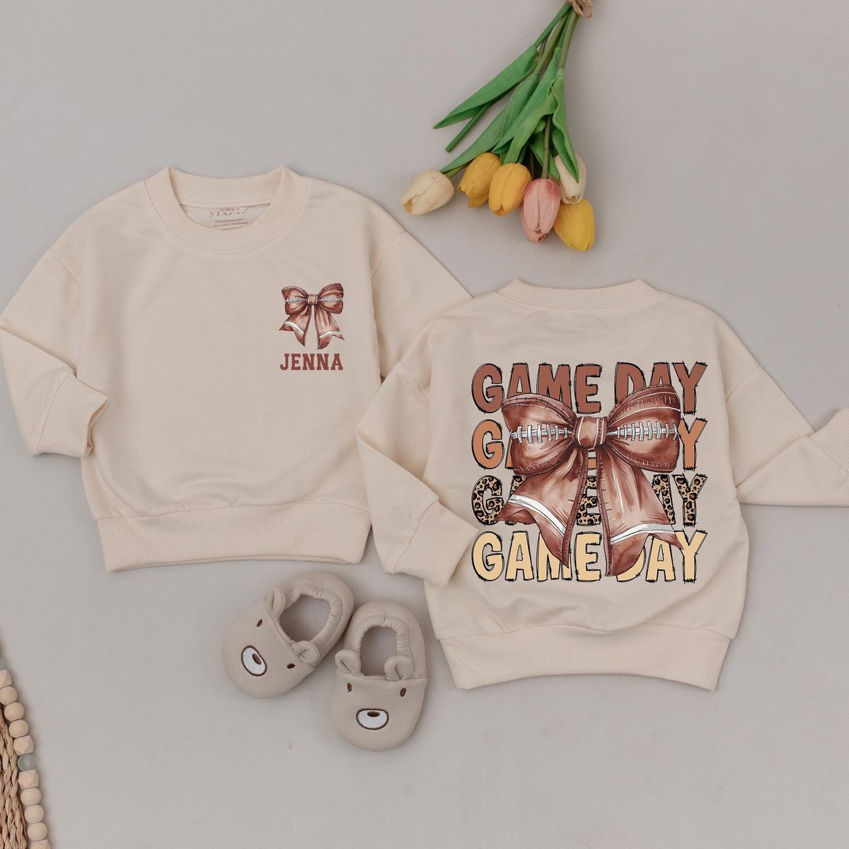 Personalized Game Day Football Sweatshirt Retro Football Bow Sweatshirt Gameday Season Bubble Baby R