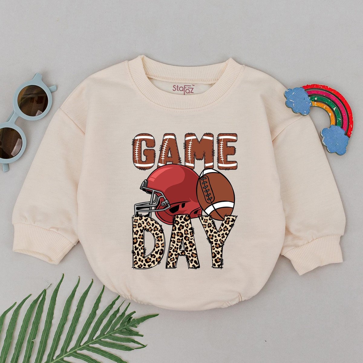 Personalized Game Day Football Romper Retro Football Baby Outfit Gameday Season Natural Bubble Baby