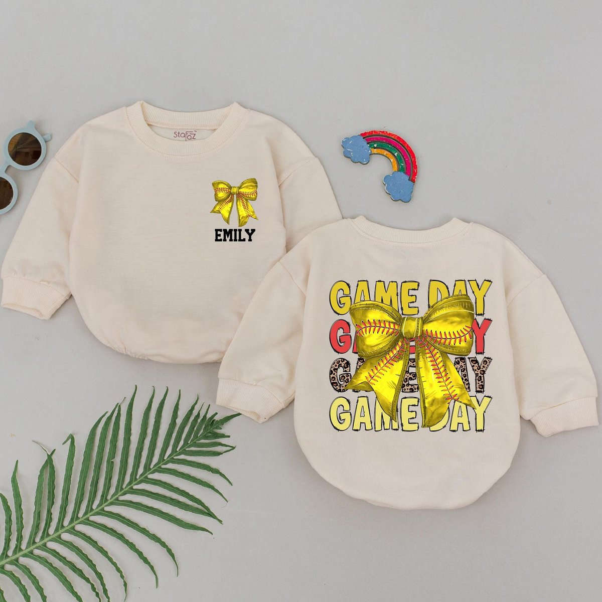 Personalized Game Day Softball Romper Gameday Season Gifts Retro Softball Bow Outfit Natural Bubble