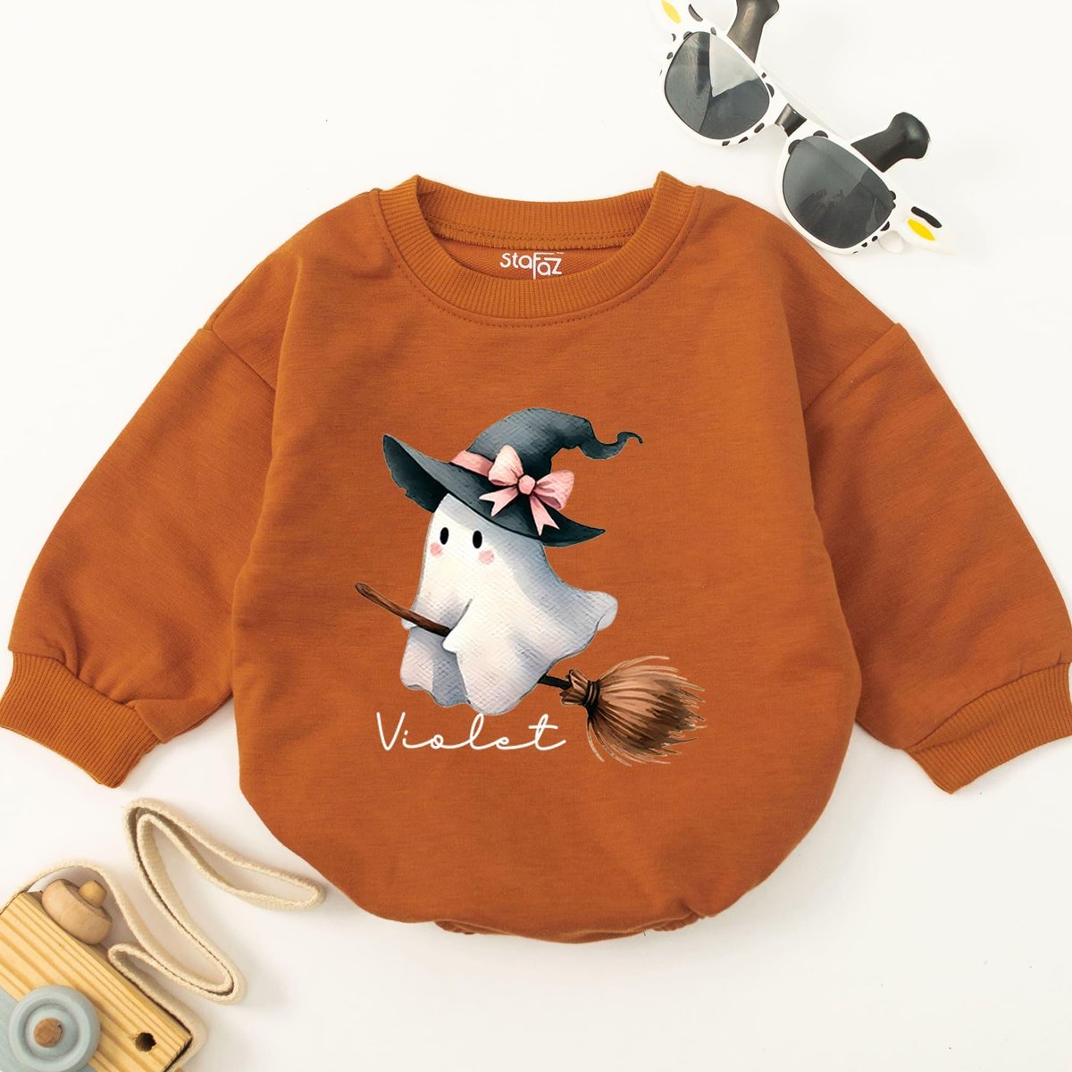 Personalized Ghost Riding Broom Baby Romper Newborn Bubble Romper Baby Halloween Bodysuit First Hall 176