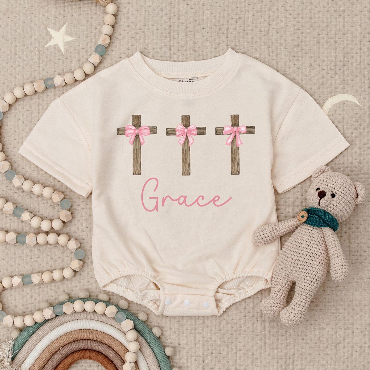 Personalized Girl Pink Easter Baby Romper Short Sleeves Jesus Bow Baby Bodysuit Christian Easter Rom