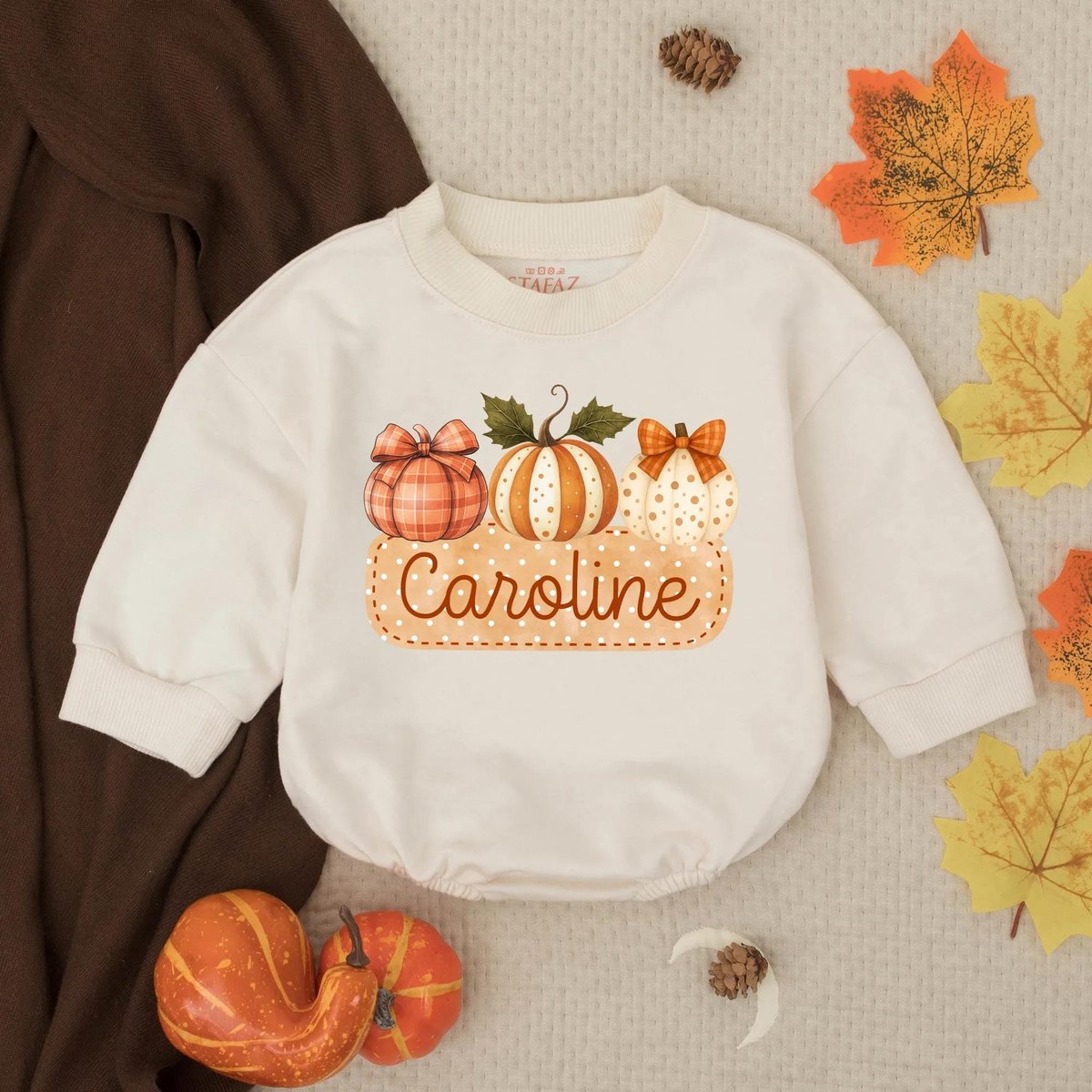 Personalized Girls Fall Pumpkin Bubble Romper Custom Name Thanksgiving Baby Outfit Autumn Toddler Cl