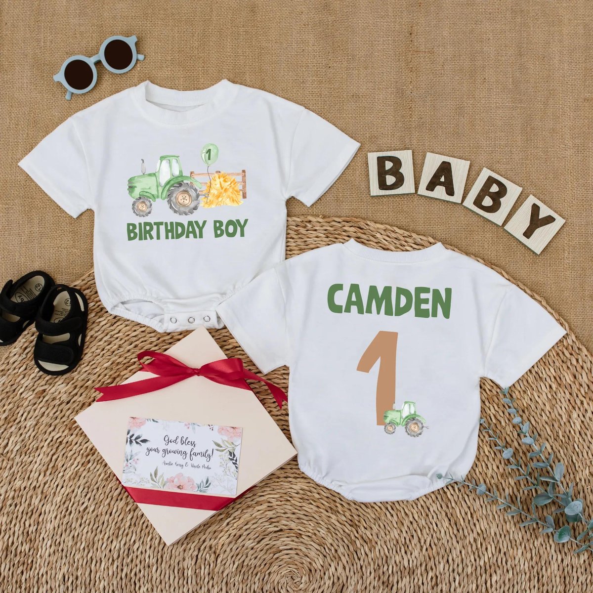Personalized Green Tractor Birthday Baby Romper Farm Theme Baby Outfit for First Birthday Boys Birth 430