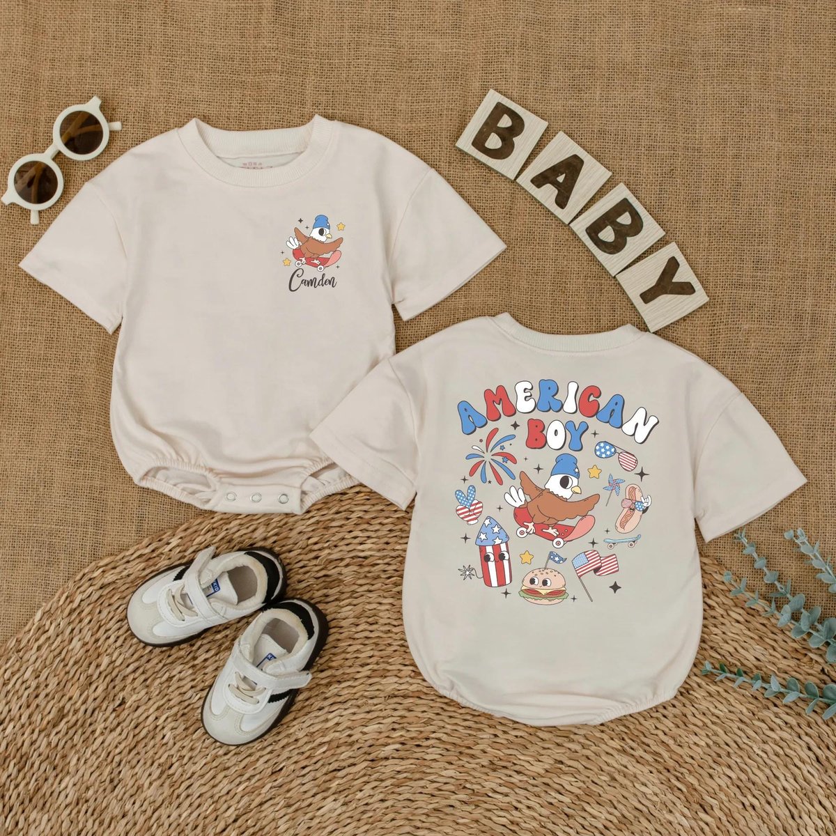 Personalized Groovy American Boy Baby Romper Custom Patriotic Baby Bodysuit 4th of July Baby Clothes 430