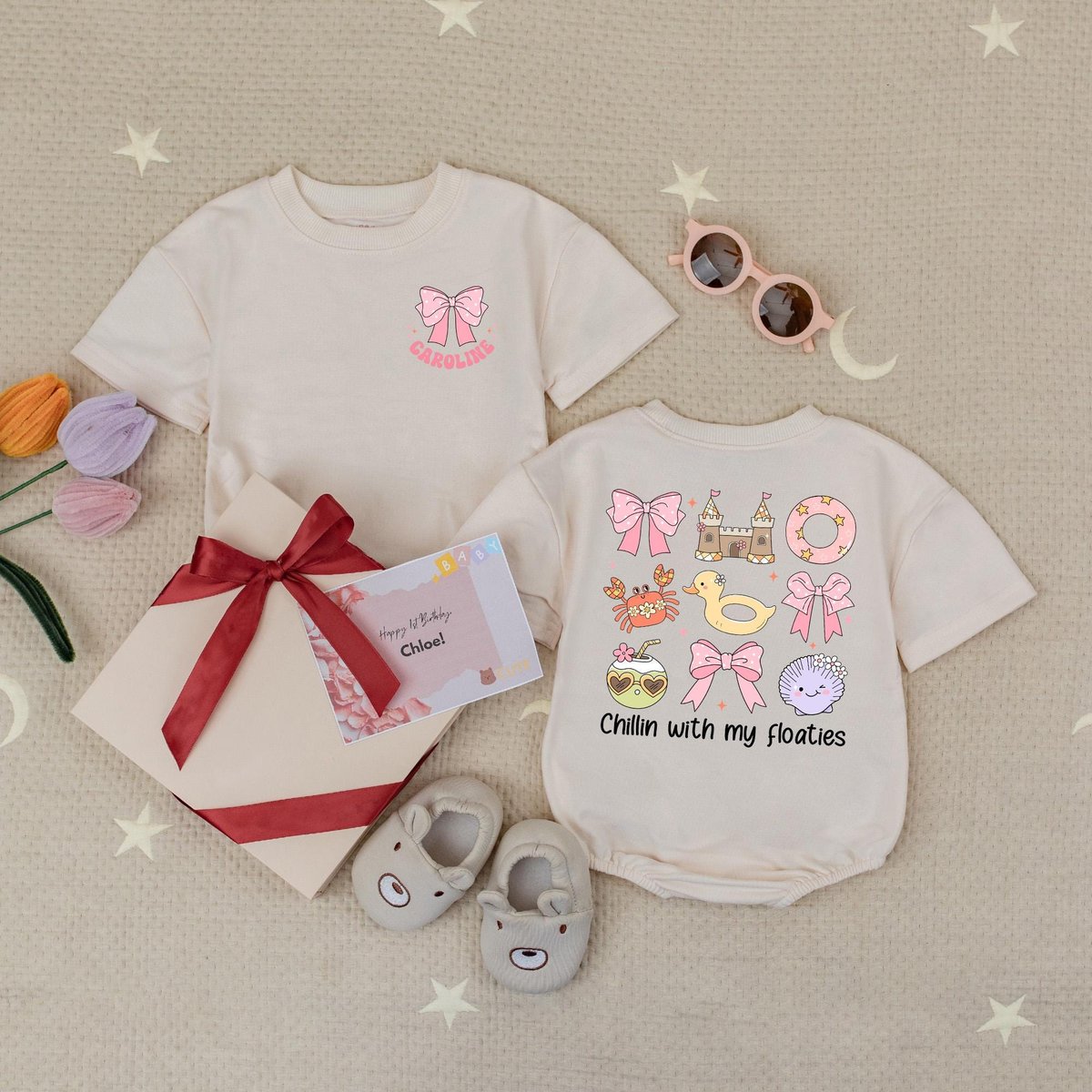 Personalized Groovy Summer Floaties Short Sleeves Romper Summer Baby Romper Pink Cute Bow Outfit Oce