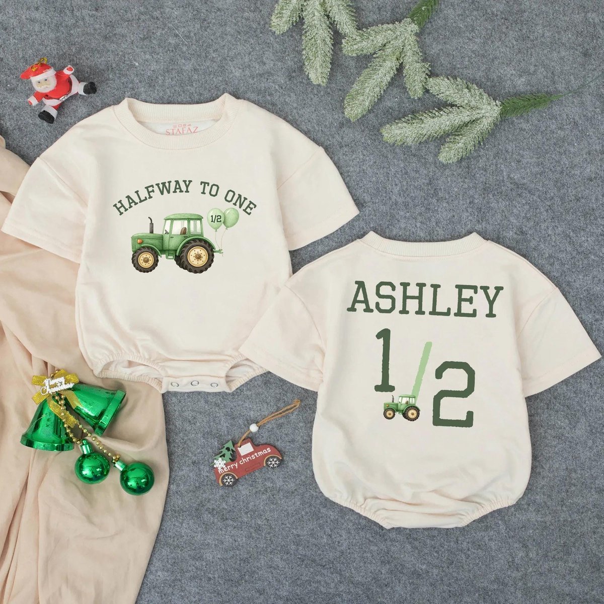 Personalized Half Birthday Bubble Romper Green Farm Tractor Bodysuit Cute Tractor Birthday Shirt Far 436