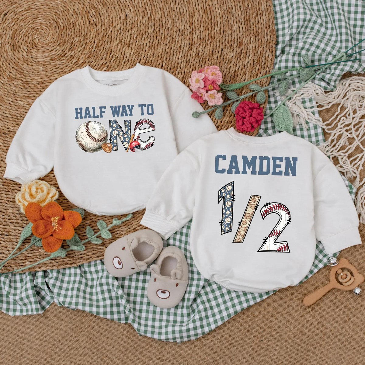 Personalized Half Way To One Baseball Romper Half Birthday Boy Bodysuit 12 Birthday Outfit Baby Boy 187