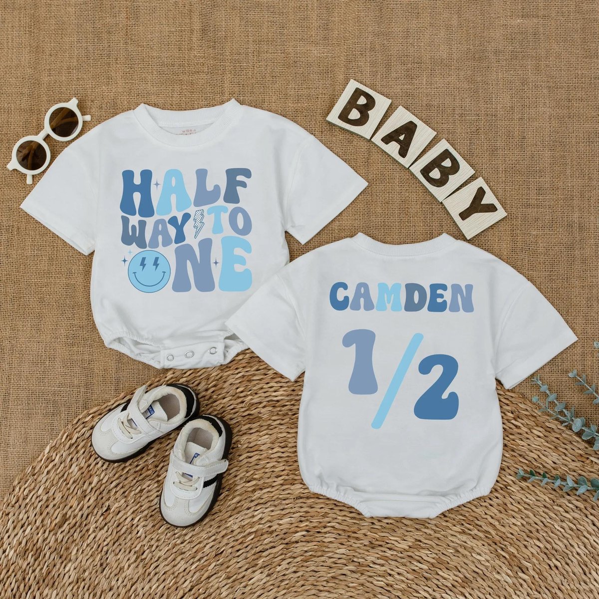 Personalized Half Way to One Baby Romper Half Birthday Baby Boy Bodysuit 6 Months Milestone Outfit C 433