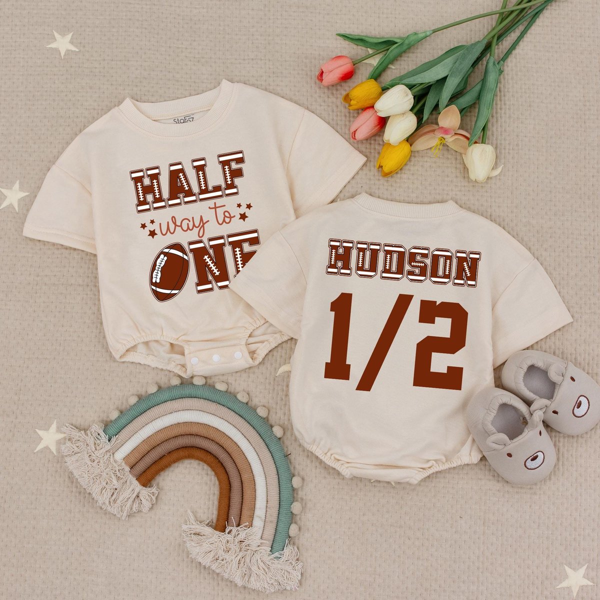 Personalized Half Way To One Baby Romper Football 6 Month Baby Outfit Football Half Birthday Party 1