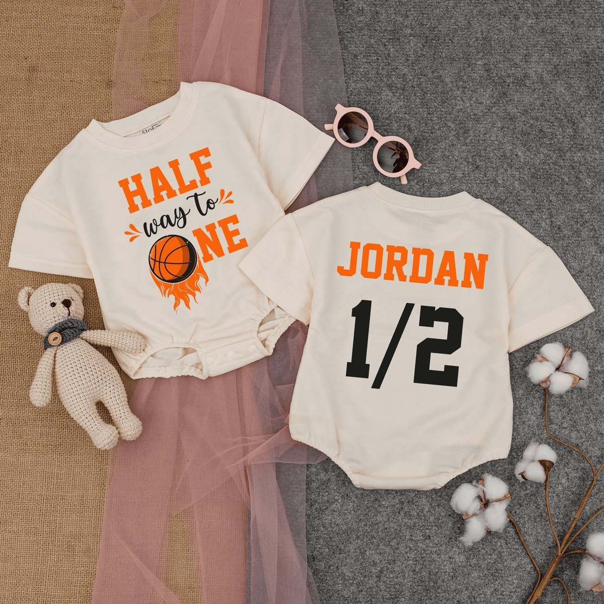 Personalized Halfway To One Romper Short Sleeve Basketball Half Birthday 12 Birthday Outfit Six Mo 170