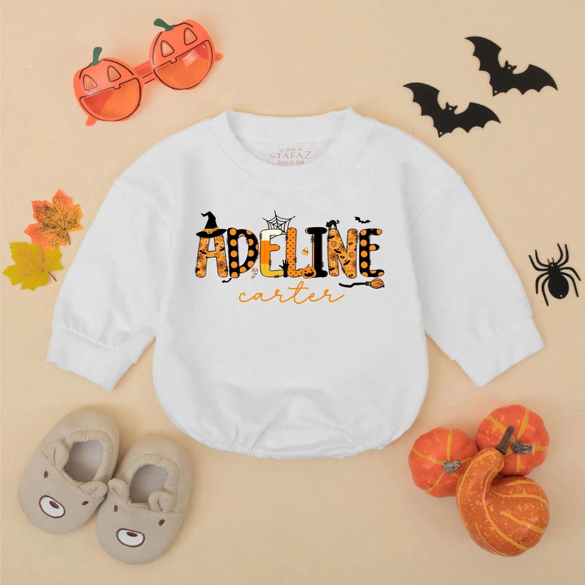 Personalized Halloween Baby Girl Romper First Halloween Baby Bodysuit Custom Name Ghost Outfit Fall 433