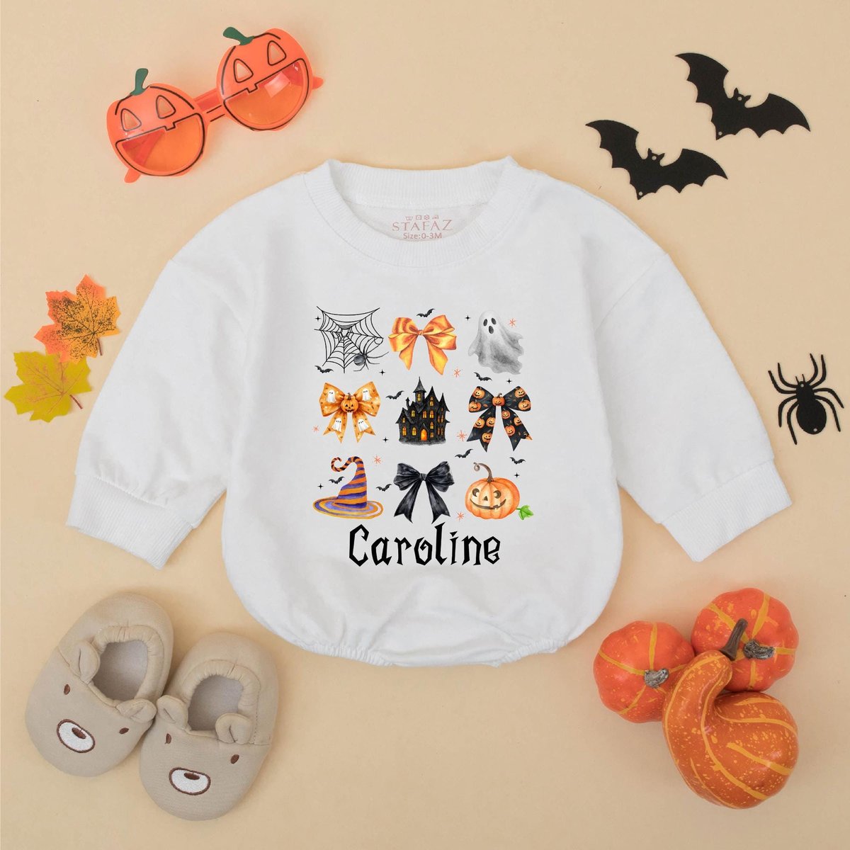 Personalized Halloween Bow Romper for Girls Cute Spooky Season Baby Bodysuit Fall Sweatshirt for Kid 434