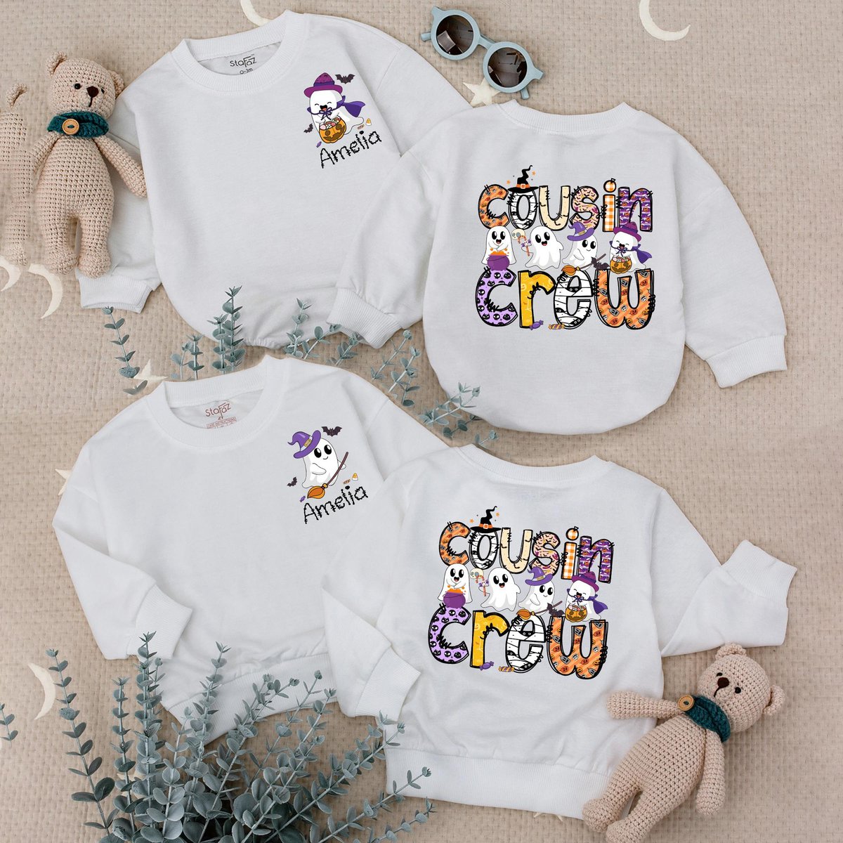 Personalized Halloween Ghost Cousin Crew Bubble Romper Toddler Sweatshirt Custom Baby Halloween Outf