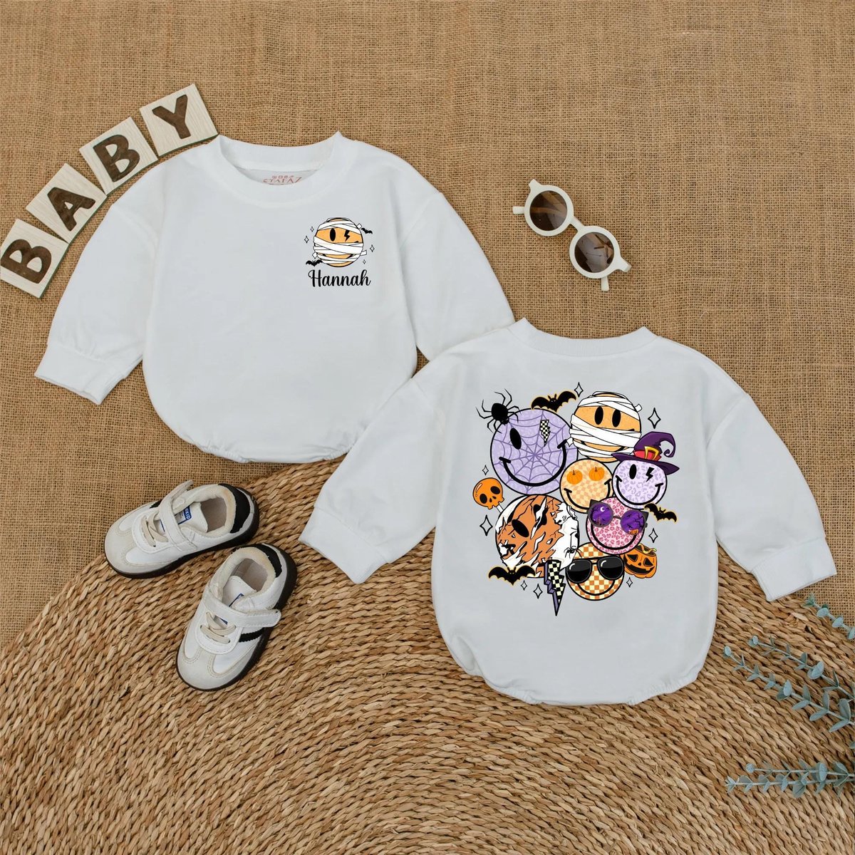 Personalized Halloween Smiley Face Baby Romper Halloween Outfit for Baby Boy Girl Custom Name Baby B 432