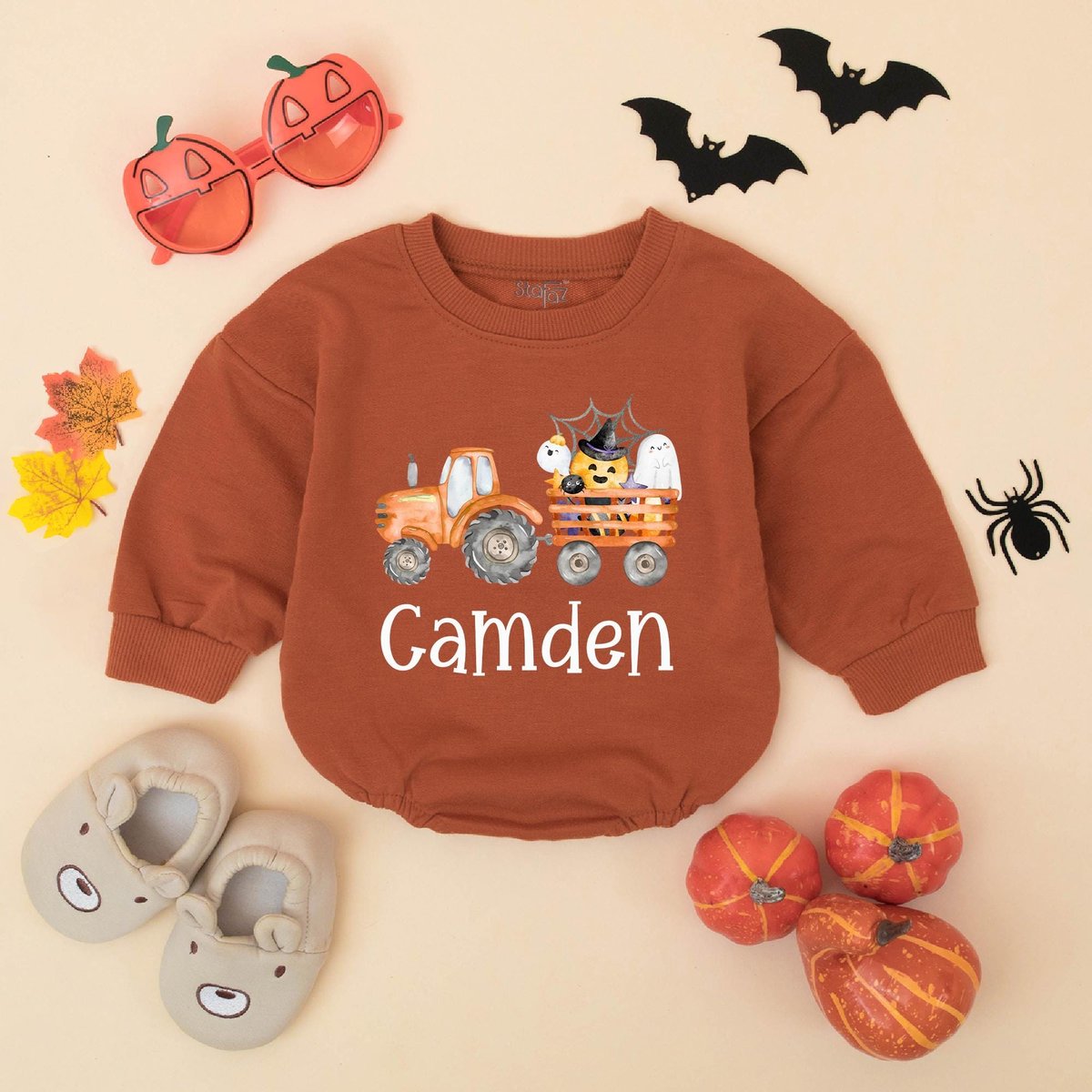 Personalized Halloween Tractor Baby Romper Baby Boy Halloween Pumpkin Bodysuit Cute Toddler Fall Out 432