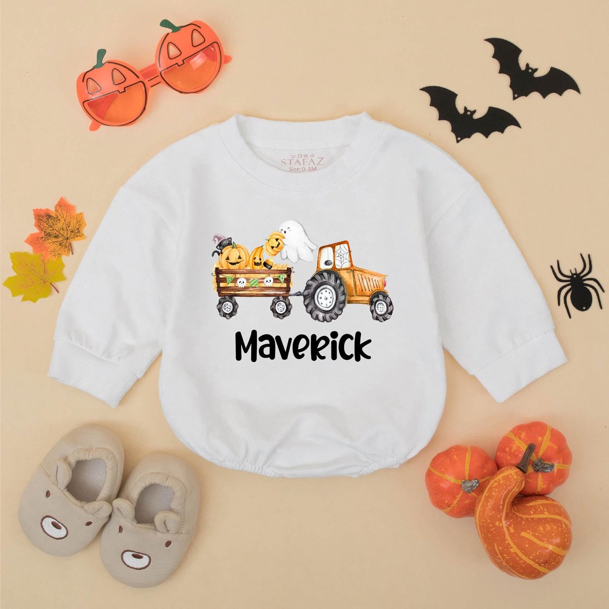 Personalized Halloween Tractor Baby Boy Romper Pumpkin Ghost Baby Bodysuit Custom Fall Pumpkin Baby 432