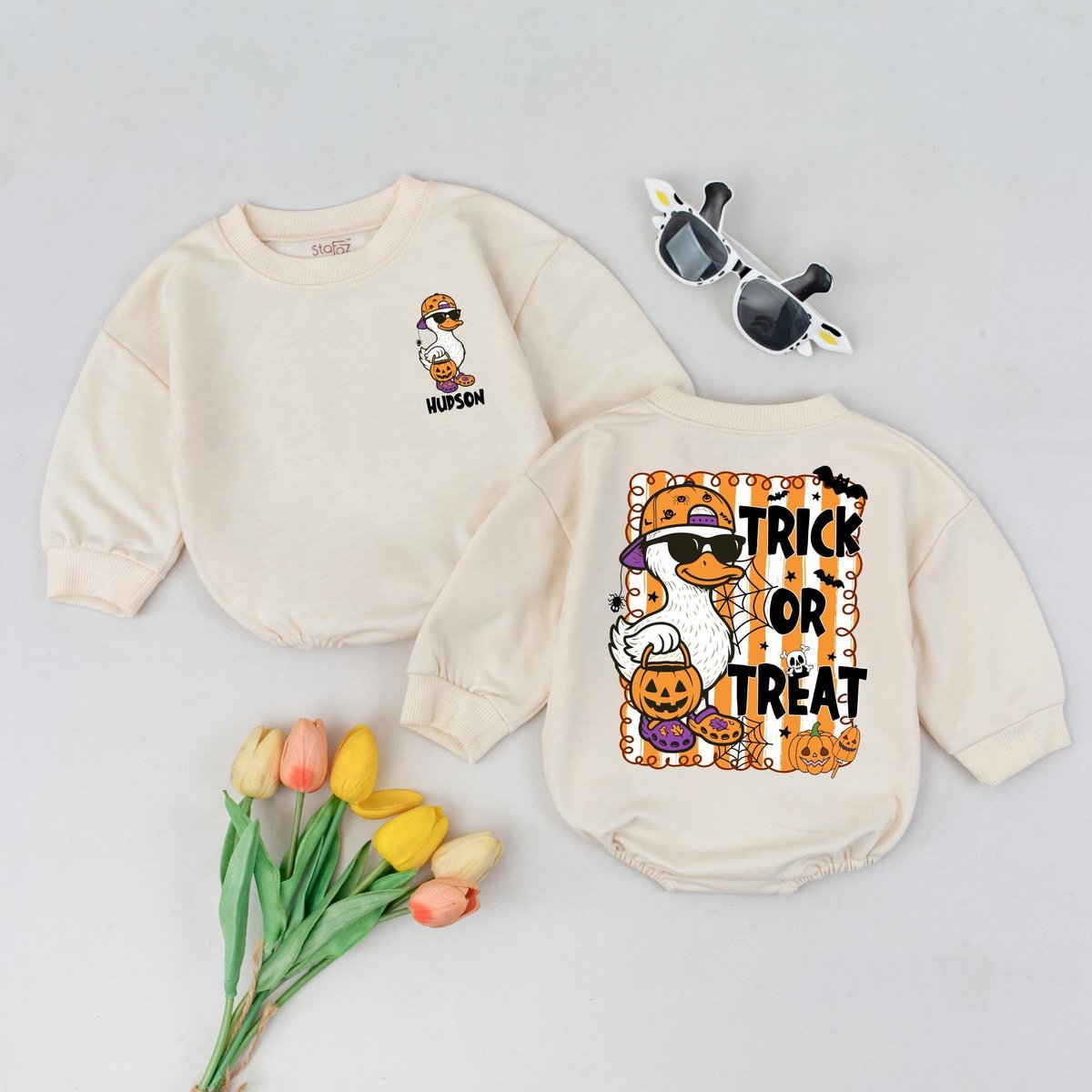 Personalized Halloween Trick or Treat Bubble Romper Silly Goose Halloween Bodysuit Pumpkin Ghost Bab 435