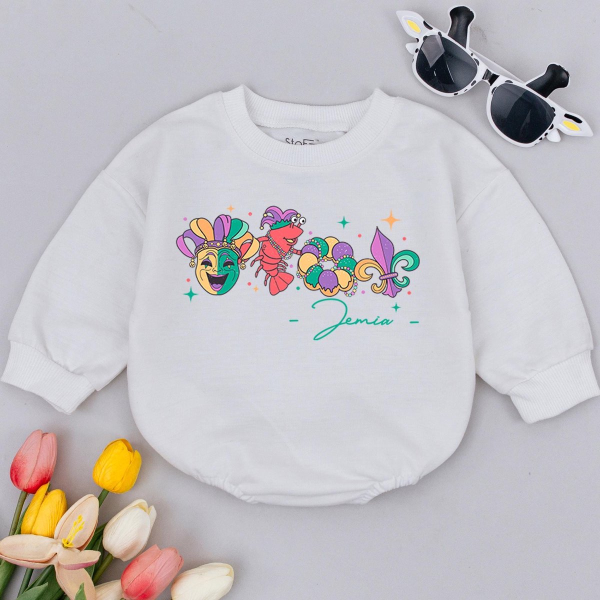 Personalized Happy Mardi Gras Baby Romper Baby Announcement Clothes Baby Carnival Outfit 1st Mardi G 185