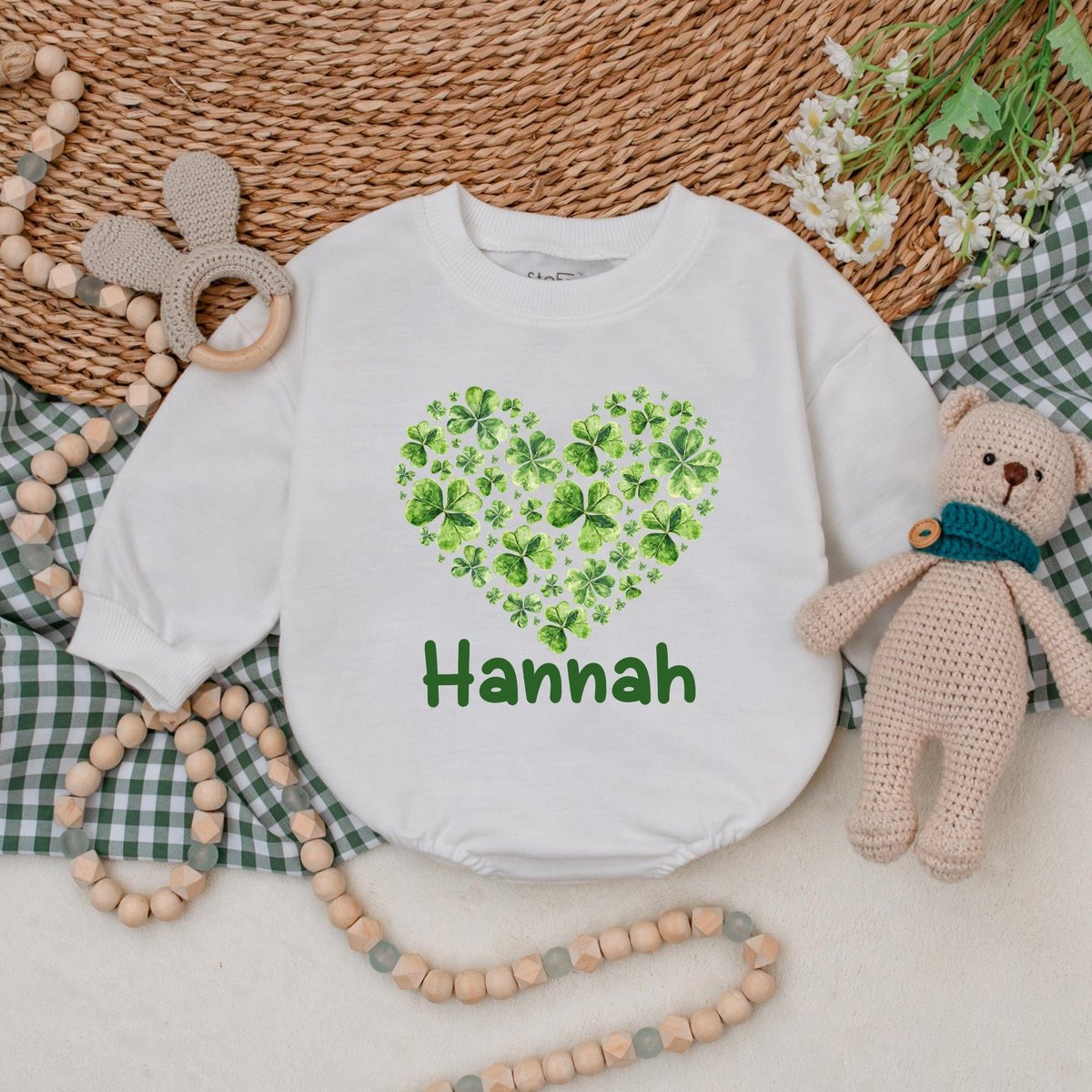 Personalized Heart Green Clover Baby Romper St Patrick's Day Bodysuit Baby Patricks Day Outfit Firs 186