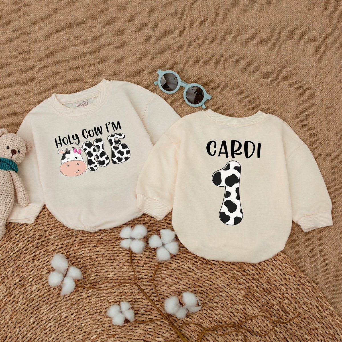 Personalized Holy Cow I'm One Romper Cow Birthday Bodysuit Farm Birthday Outfit Bubble Romper Baby 170