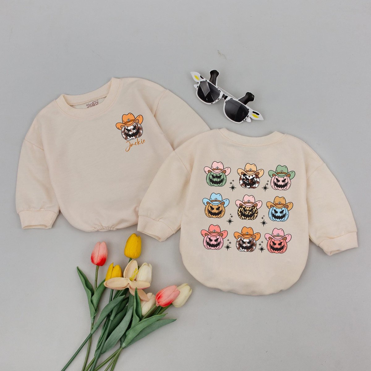 Personalized Howdy Pumpkin Baby Romper Newborn Bubble Romper Baby Halloween Bodysuit First Halloween 175