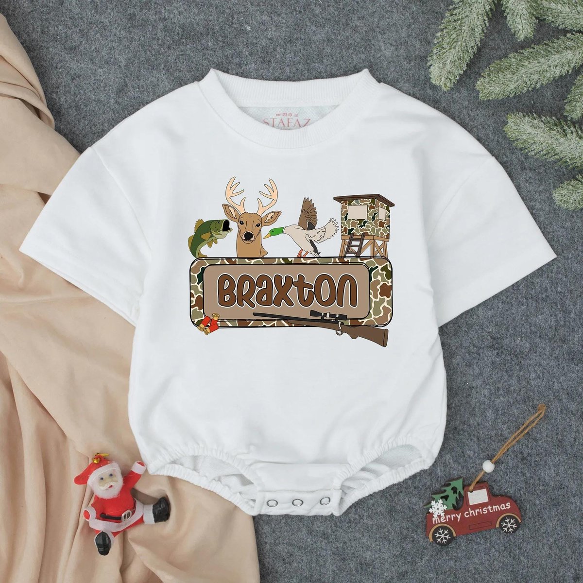 Personalized Hunting and Fishing Baby Romper Customized Name Camo Outfit Duck Deer Infant Clothes So 436