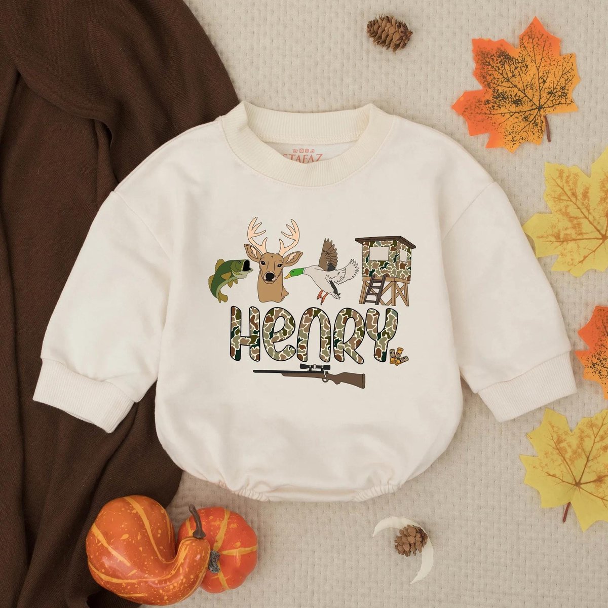 Personalized Hunting and Fishing Baby Romper Custom Name Camo Infant Outfit Duck Deer Baby Shower Gi