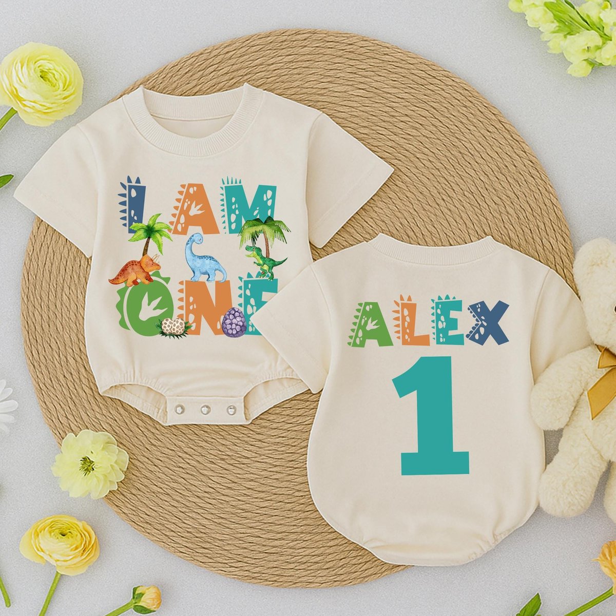 Personalized I am One Birthday Saurus Romper Dinosaur Birthday Bodysuit Custom Name Dino 1st Birthda 433