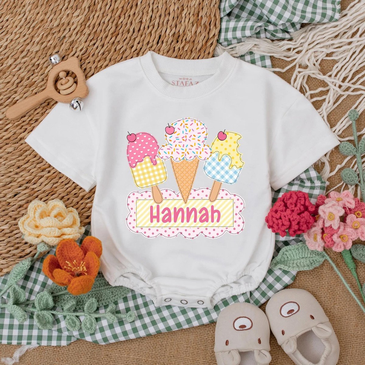 Personalized Ice Cream Baby Romper Ice Cream First Birthday Bodysuit Summer Baby Clothes 1st Birthda 187