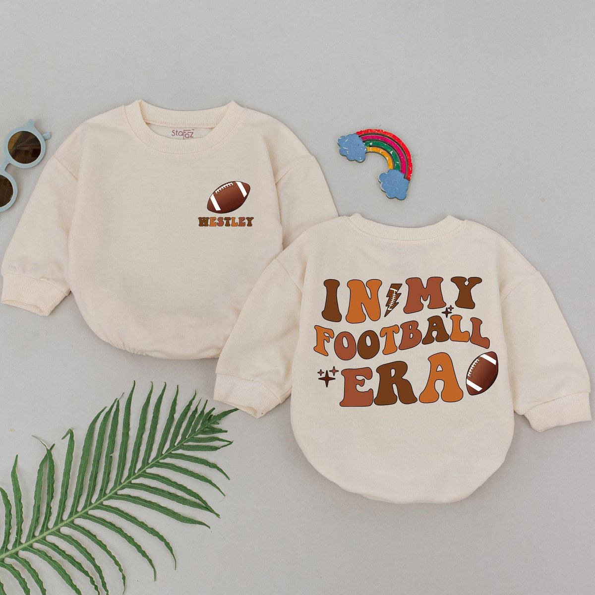 Personalized In My Football Era Romper Retro Football Bow Outfit Gameday Season Natural Bubble Baby